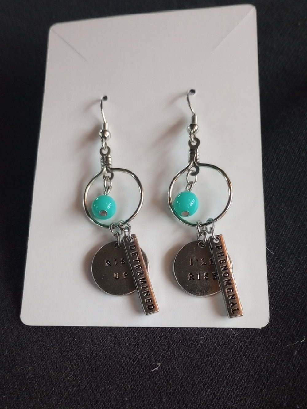 Silver Hoop Drop Earrings with Turquoise Bead and Inspirational Charms
